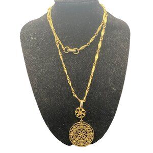 Vintage Gold Tone Filigree Mandala Pendant Necklace 24" Bar Link Chain Intricate